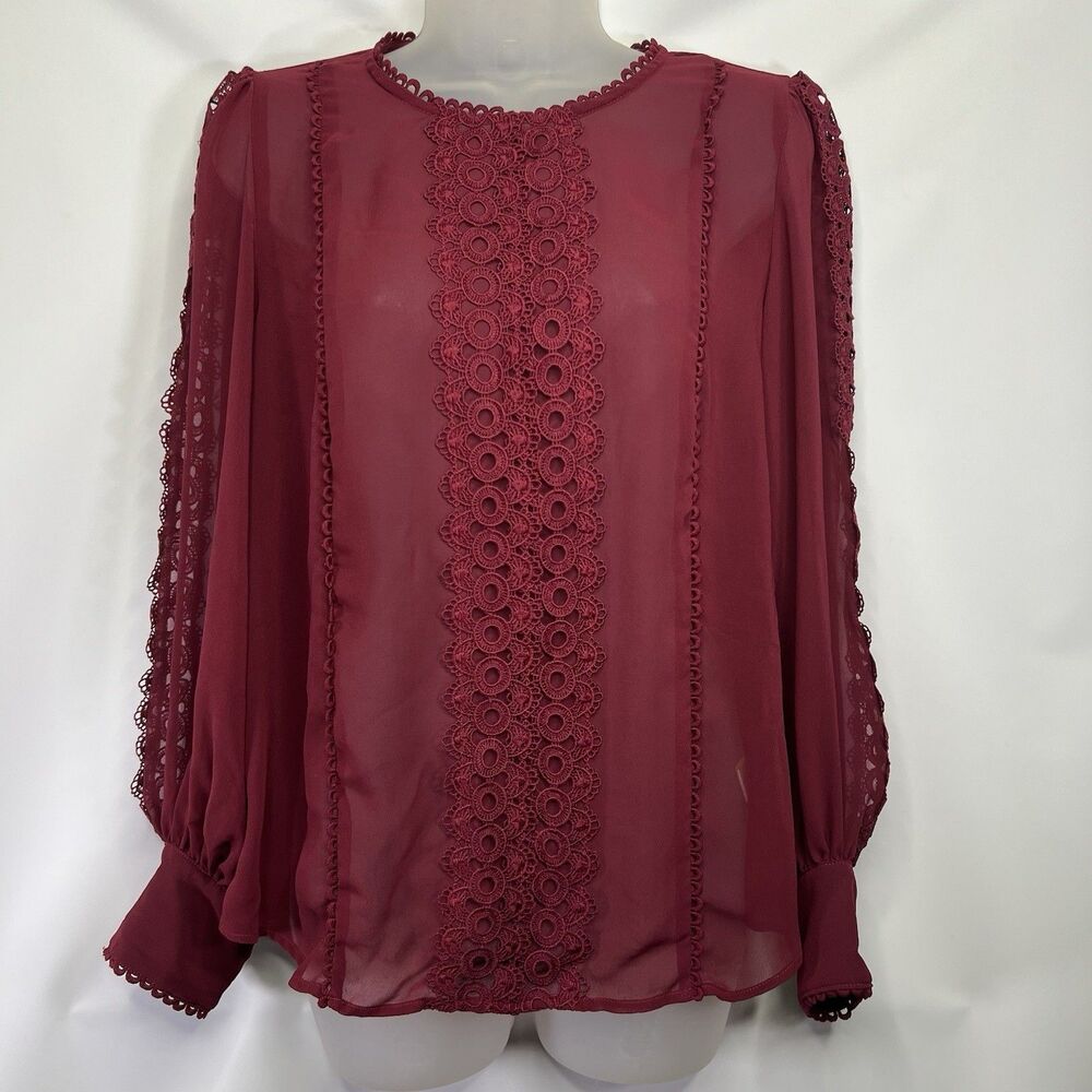 Joie Burgundy Lace Detail Sheer Blouse Size Large Elegant